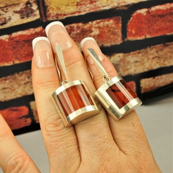 UNIQUE MODERNIST BIG AMBER STERLING DANGLE EARRINGS, GIFT FOR WOMEN - Picture 6 of 11